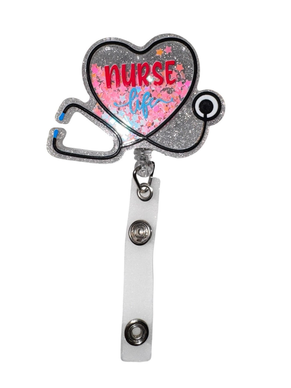 Nurse Life Heart Stethoscope Badge Reel - Pink & Silver